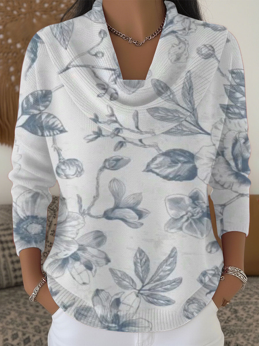 Dámské elegantní modré květinové náčrty tisk krabice krku svetr