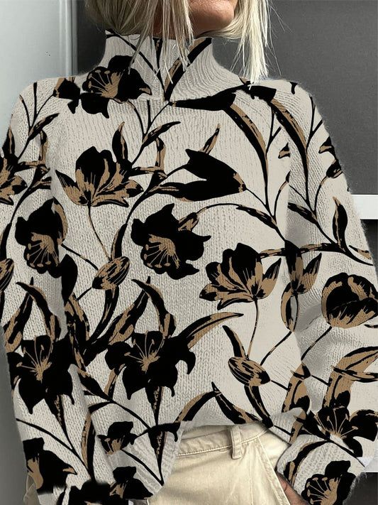 Dámské stylové béžové květinové tisk mock neck svetr