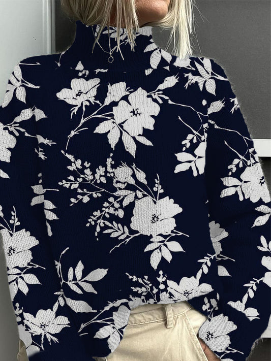 Dámské klasické námořní květinové tisk mock neck svetr