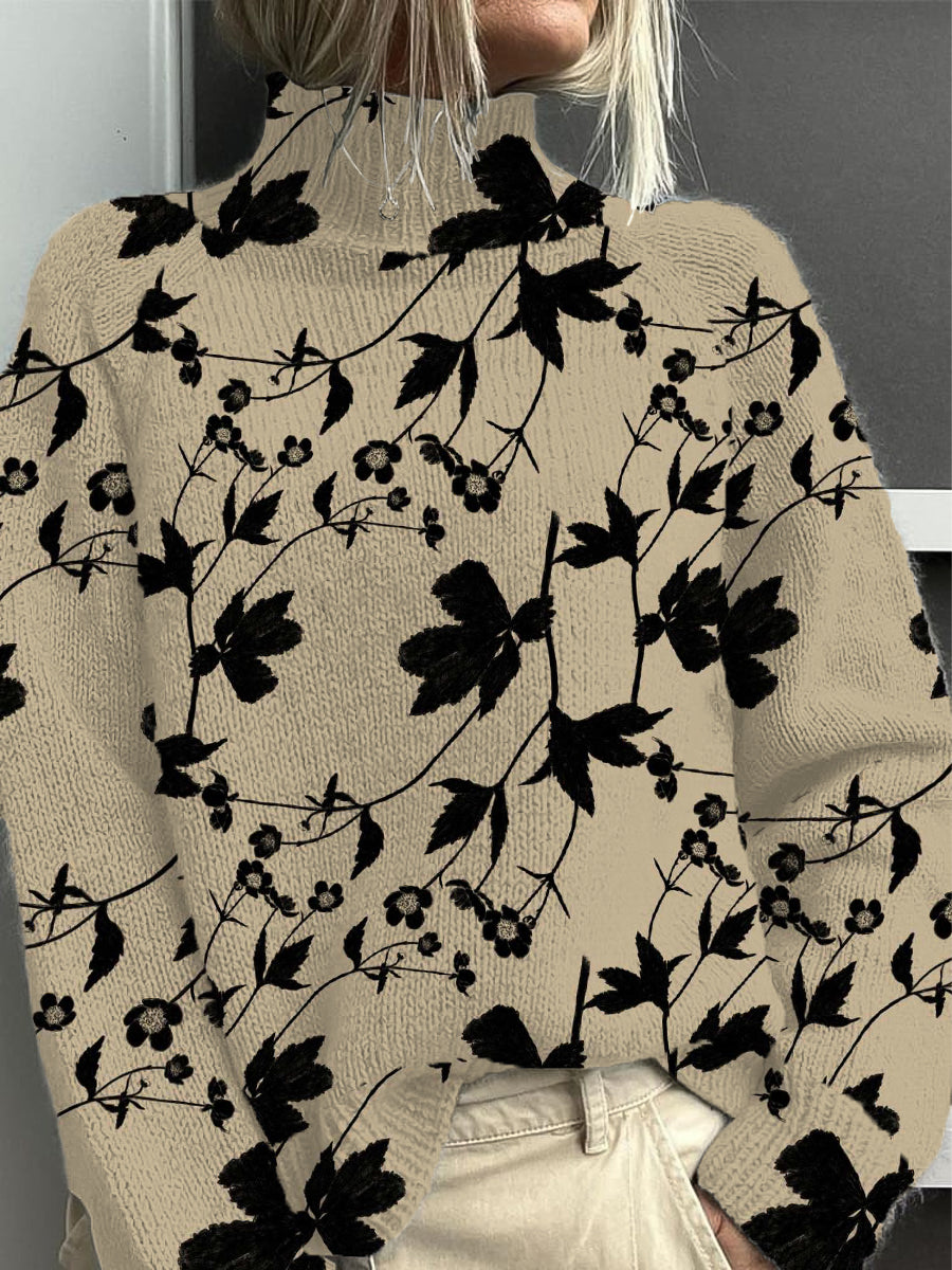 Dámské elegantní béžové a černé květinové tisk mock neck svetr