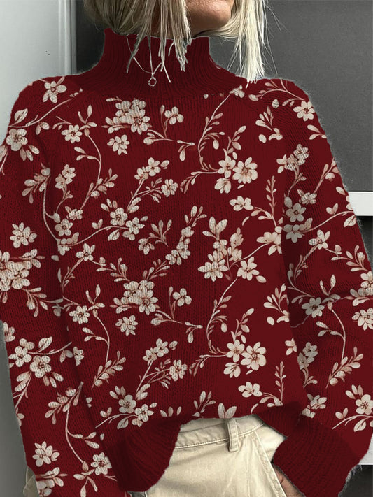 Dámské romantické červené květinové tisk mock neck svetr
