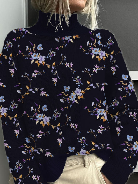 Dámské barevné květinové tisk mock neck svetr