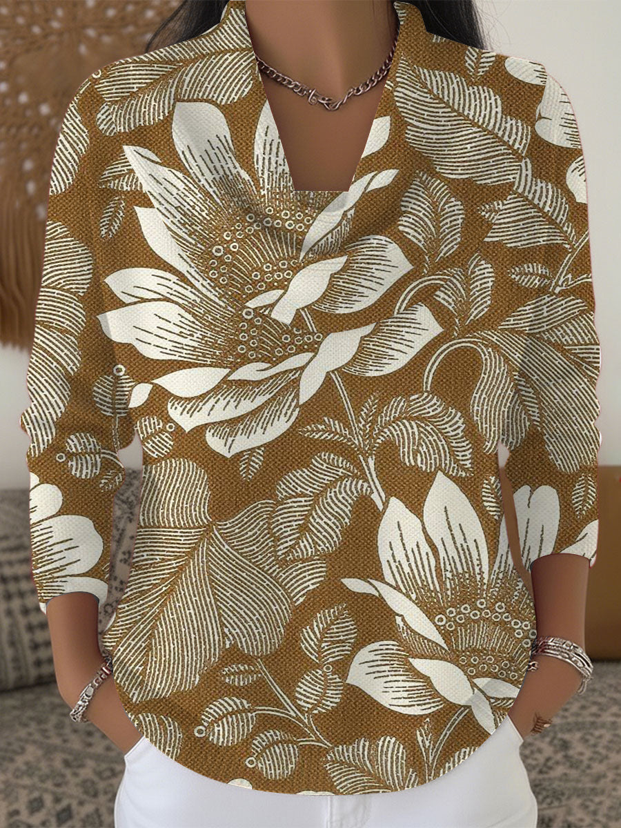 Dámské odvážné hnědé květinové otisky krabice krku svetr