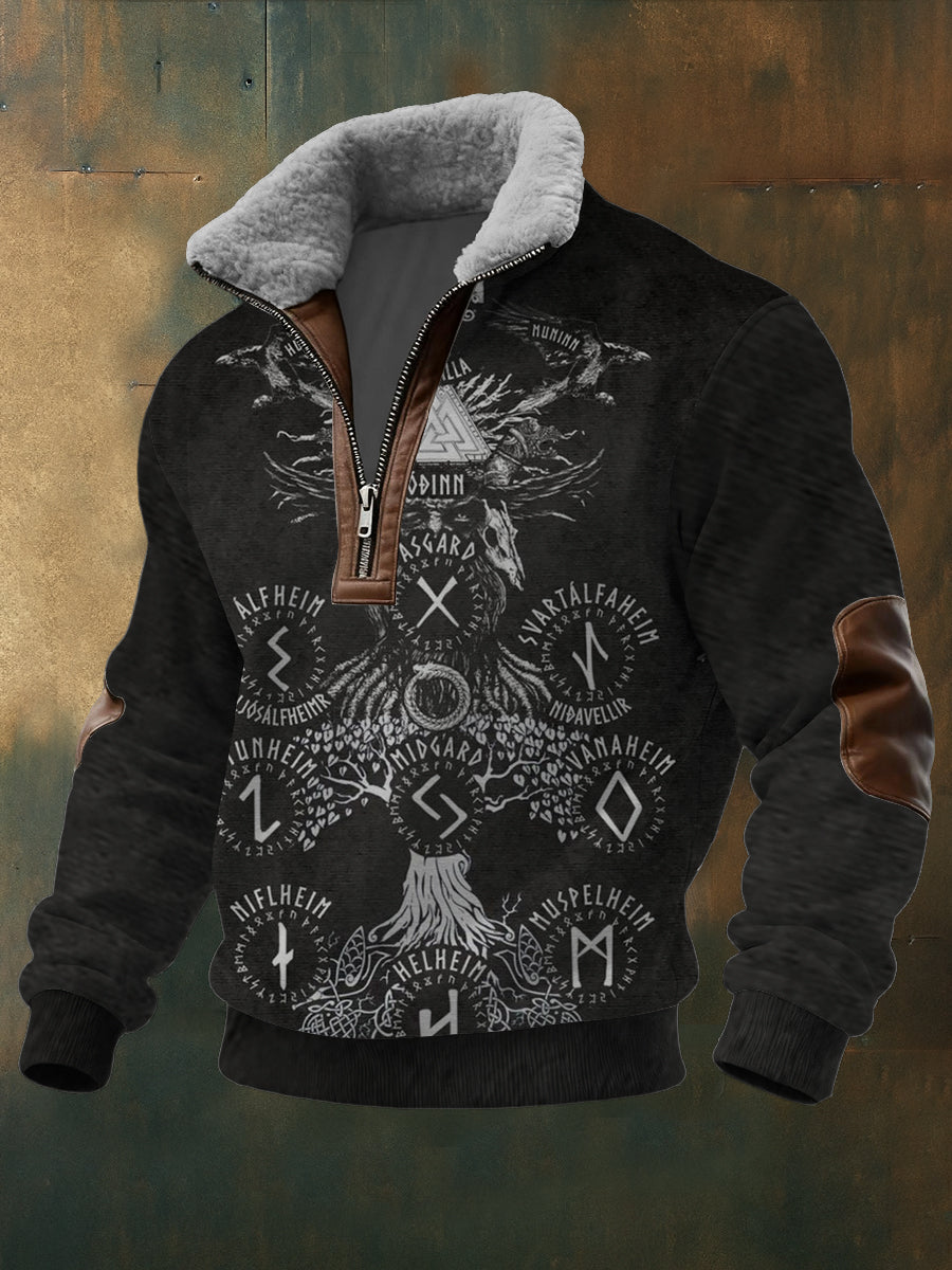 Men yggdrasil tree of life print sherpalined zip sweatshirt