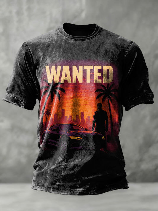 Retro wanted sunset city car casual tshirt