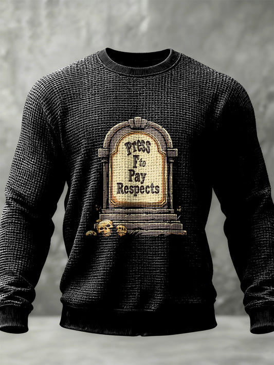 Retro press f to pay respect casual wffle weave crew neck pullover