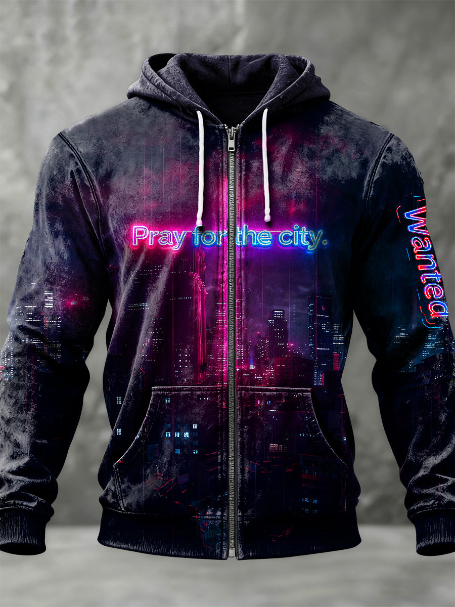 Retro neon city cross casual zipper hoodie