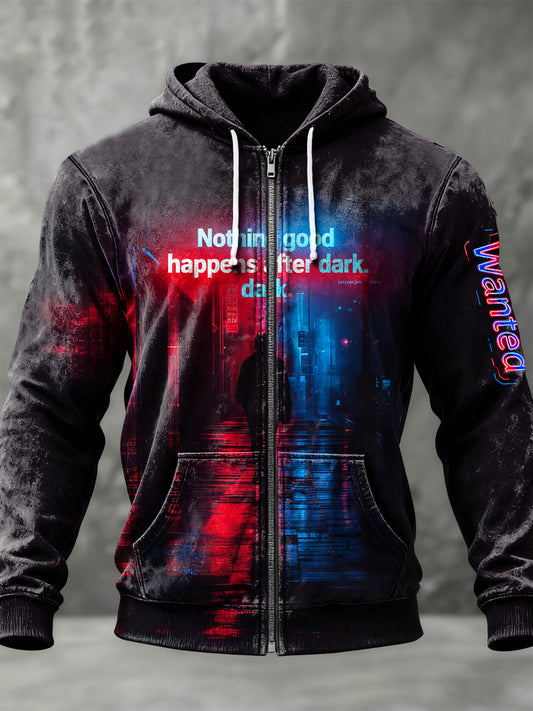 Retroinspired neon nightscape casual zipper hoodie