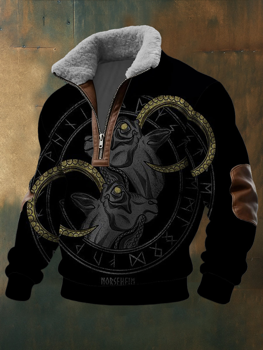 Mens norse goat & rune print sherpalined zip sweatshirt