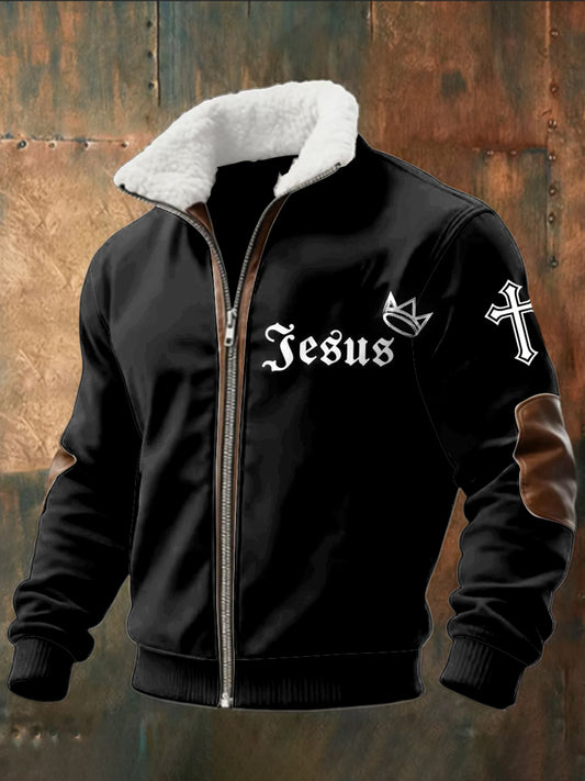 Retro jesus crown shearling patchwork zipper bunda