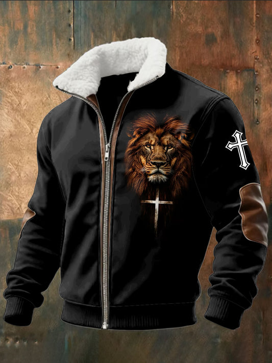 Retro jesus lion jehňata patchwork zips bunda