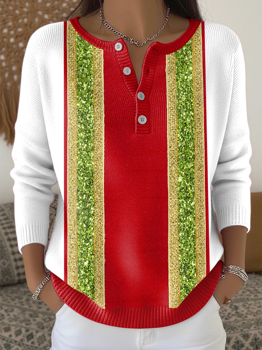 Dámské vánoční pruhovaný henley neck svetr