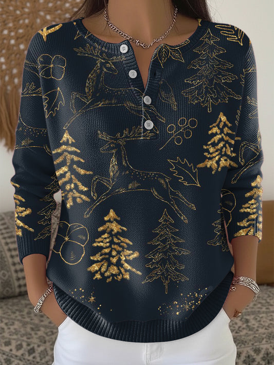 Dámské vánoce černý vánoční stromeček henley krk svetr