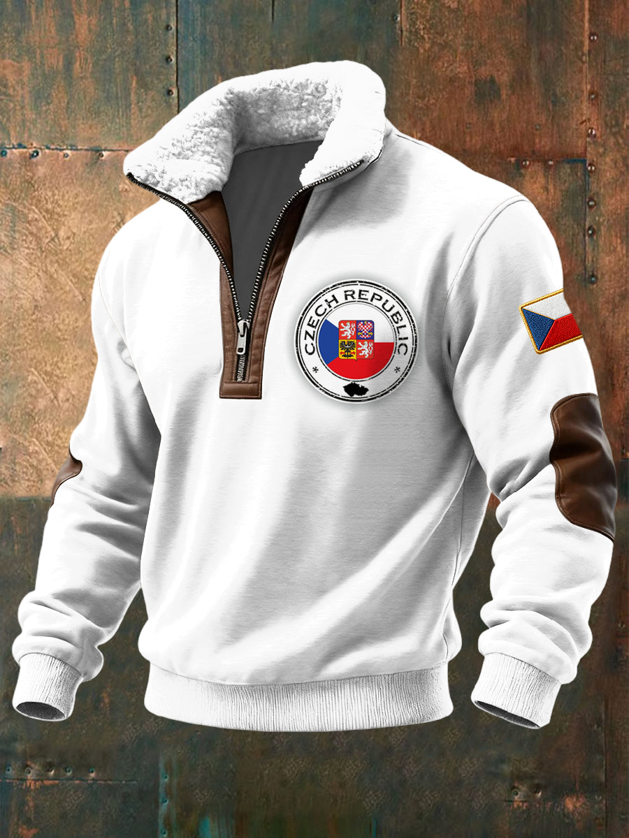 Retro flag emblem casual shearling zipup hoodie