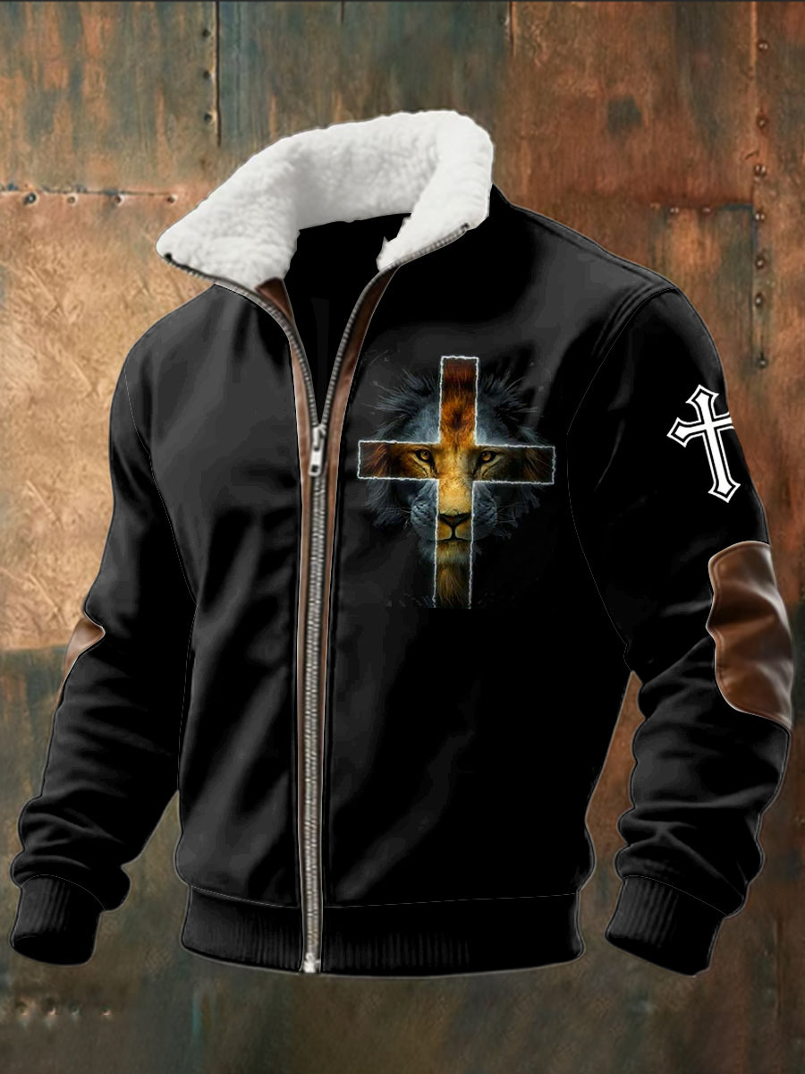 Retro abstraktní lion cross zips shearling bunda