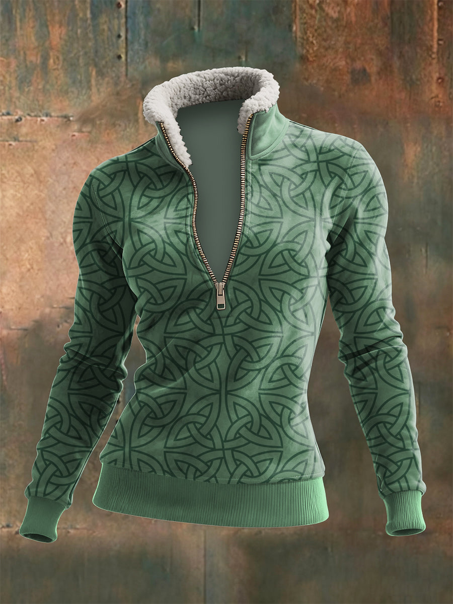 Ženské viking totem tištěné zips jehněčí vlna s dlouhým rukávem top