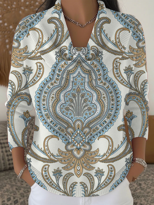 Dámské složité modré & béžové paisley tištěné kapračky krku svetr