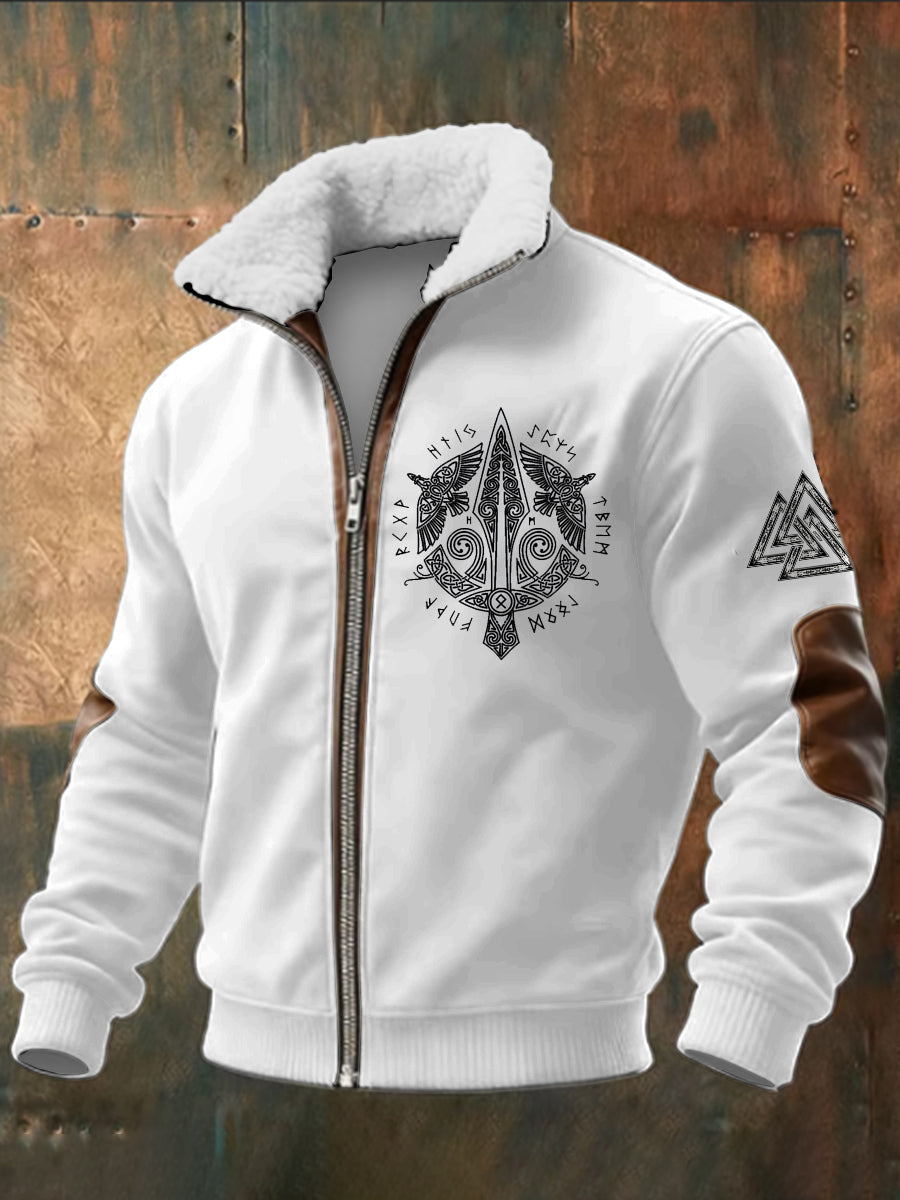 Pánské viking vytištěné dlouhé rukávy stand up golier jehňata zips top