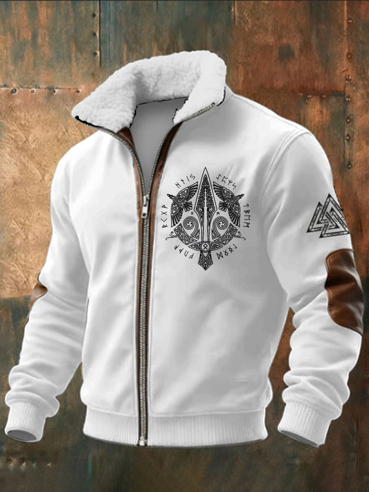 Pánské viking vytištěné dlouhé rukávy stand up golier jehňata zips top