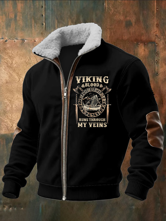 Pánské viking vytištěné dlouhé rukávy stand up golier jehňata zips top