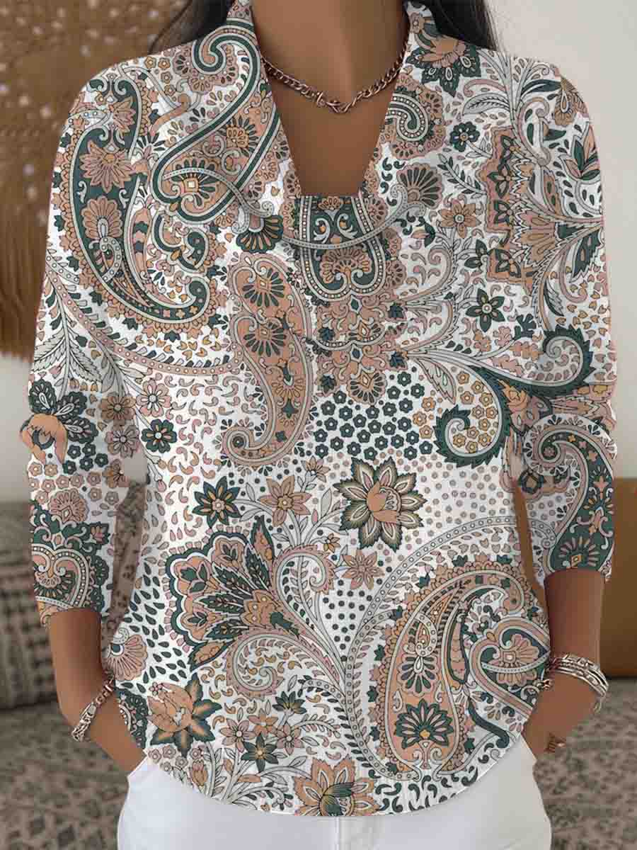 Dámské stylový zelený paisley tištěný svetr s krabím krkem