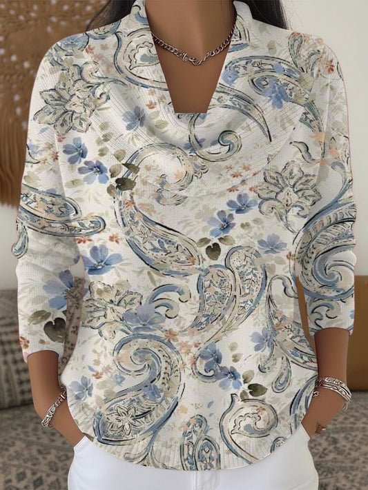 Dámské okouzlující bílý paisley tištěný svetr s krabím krkem