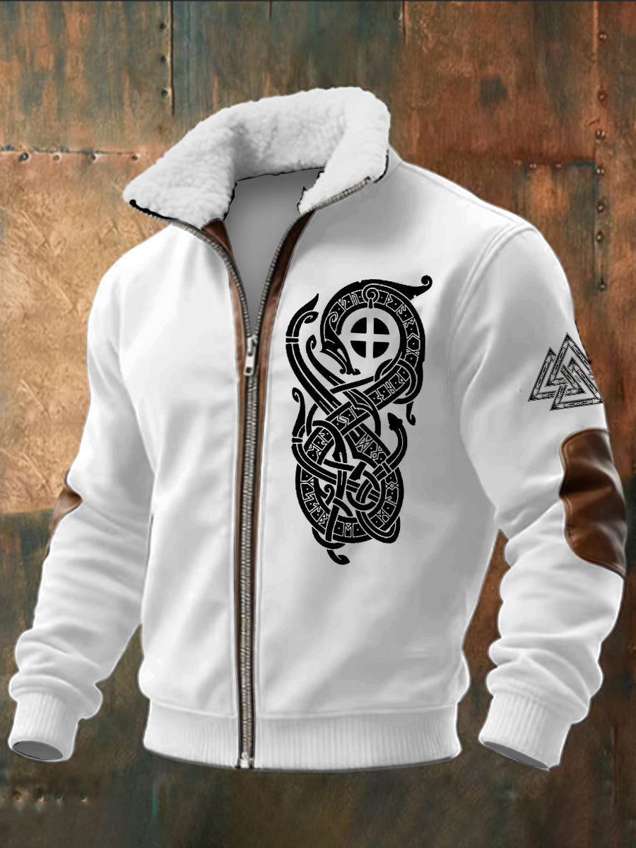Pánské viking vytištěné dlouhé rukávy stand up golier jehňata zips top