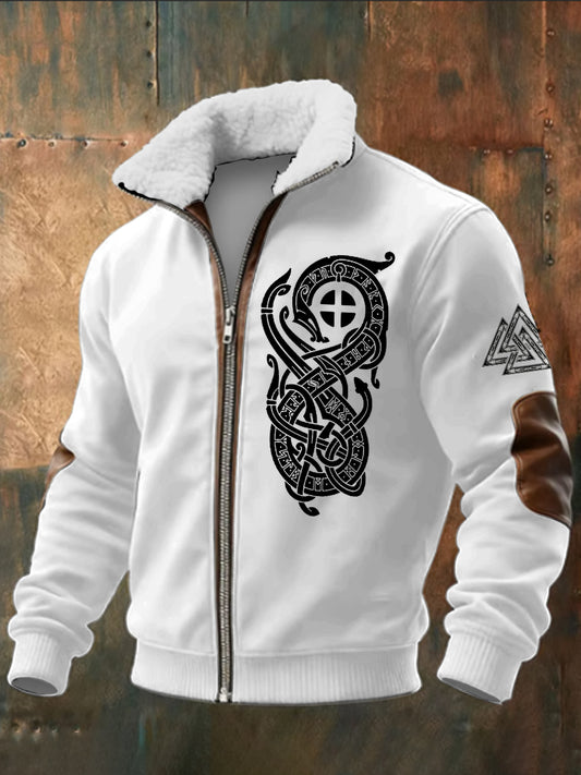 Pánské viking vytištěné dlouhé rukávy stand up golier jehňata zips top