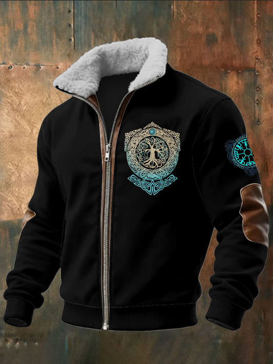 Pánské viking vytištěné dlouhé rukávy stand up golier jehňata zips top