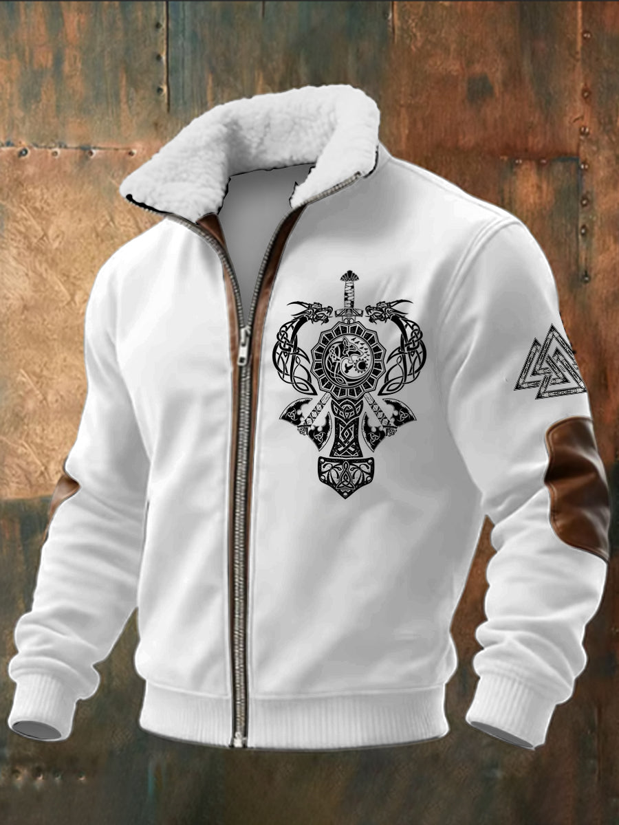 Pánské viking vytištěné dlouhé rukávy stand up golier jehňata zips top