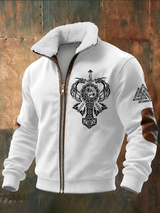 Pánské viking vytištěné dlouhé rukávy stand up golier jehňata zips top