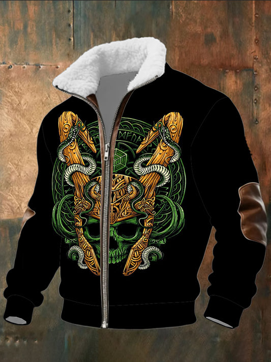 Pánské vikingské lebky a hadí tisk sherpalemovaný zip bunda