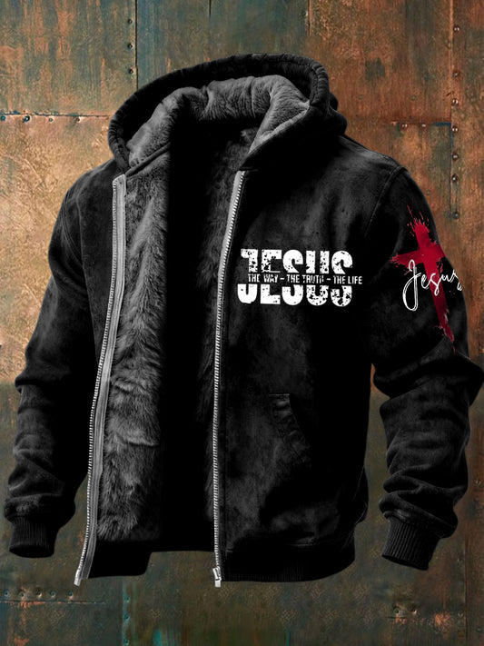 Vintagewashed jesus faith fleecelined with hooded zipper jacket