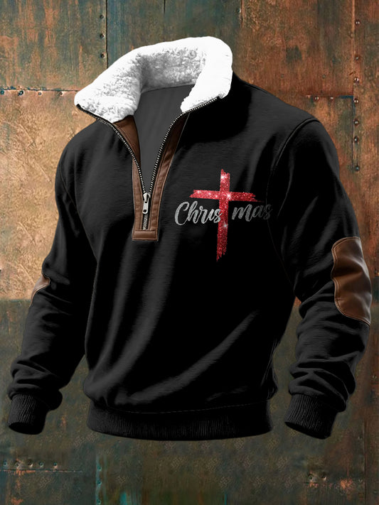 Retro vánoční ježíš jehňata patchwork zips pulóver