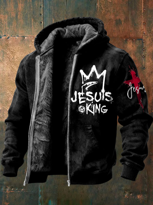 Vintagewashed jesus is king fleecelined with hooded zipup jacket