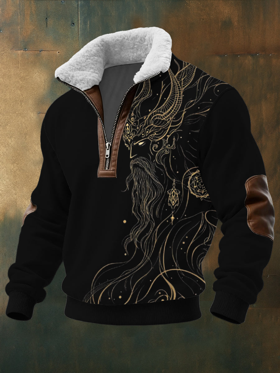 Men norse god gold print sherpalined zip sweatshirt