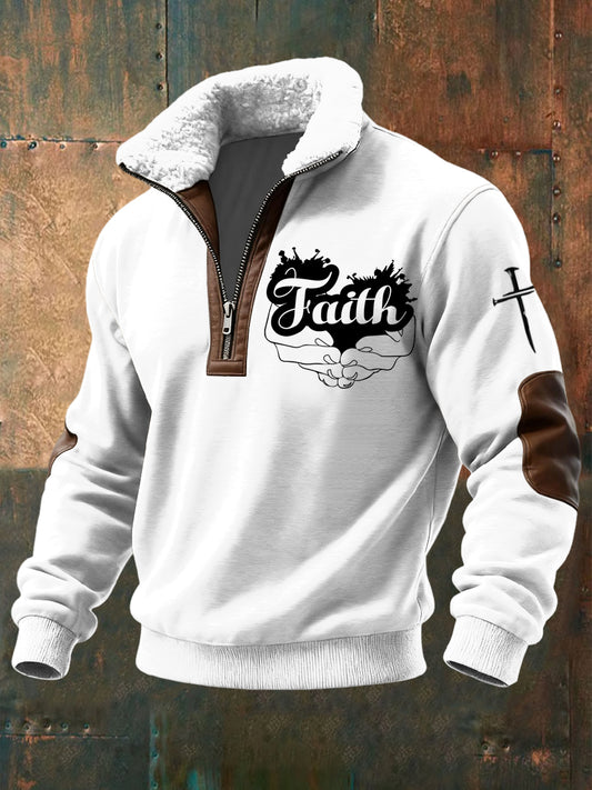 Retro jesus shearling patchwork zipper pullover