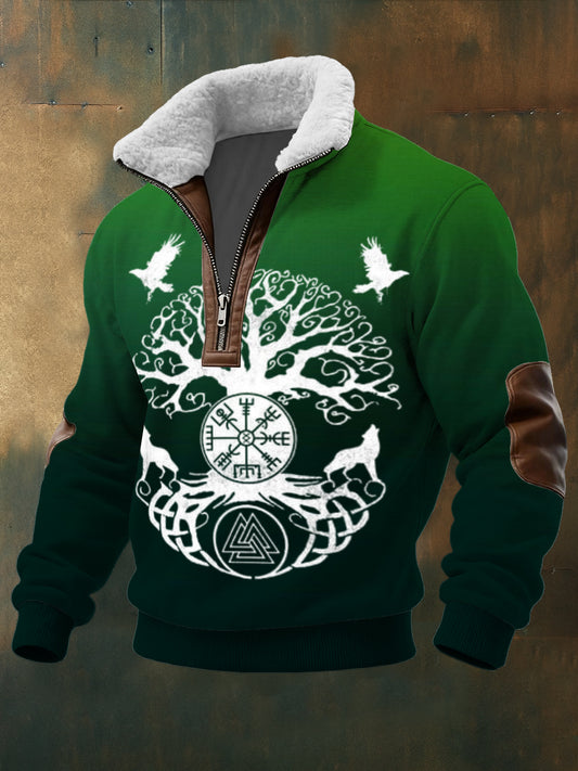 Men green yggdrasil tree norse print sherpalined zip sweatshirt
