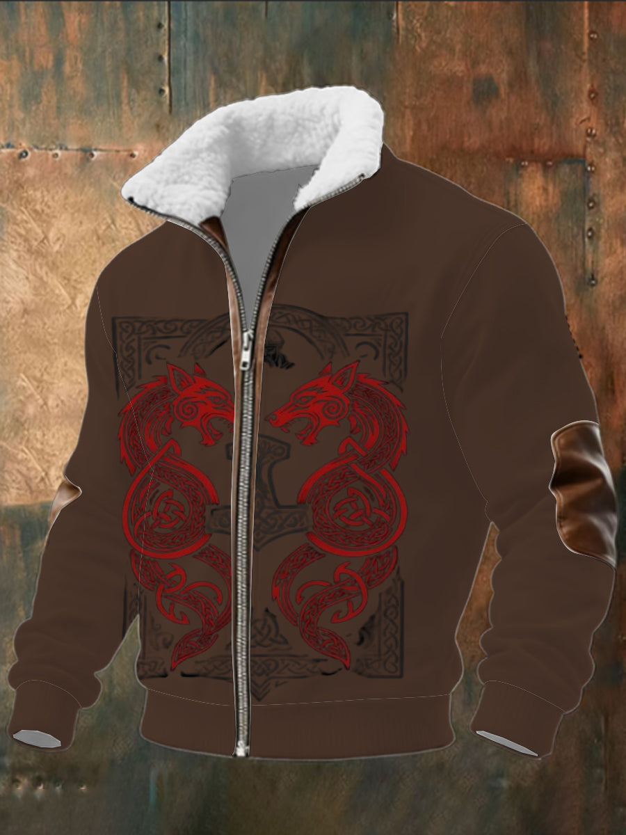 Pánské červené keltské vlčí tisk sherpalemovaný zip bunda