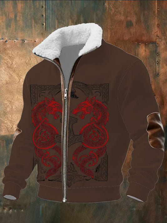 Pánské červené keltské vlčí tisk sherpalemovaný zip bunda