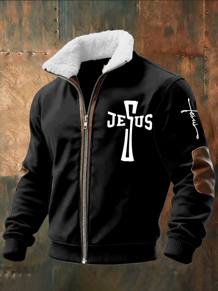 Retro jesus cross jehňata patchwork zips bunda