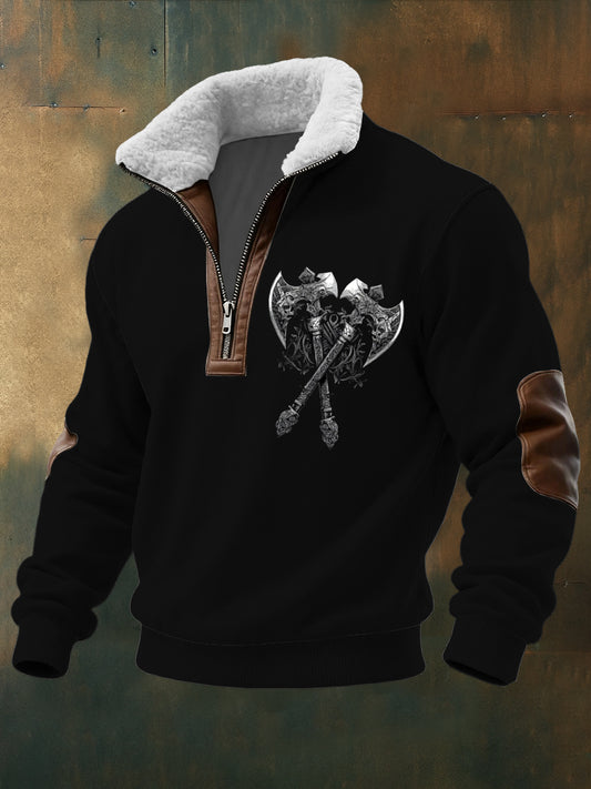 Pánské křížené sekera tisk sherpalined zip sweatshirt
