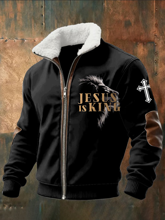 Retro jesus is king shearling patchwork zipper jacket