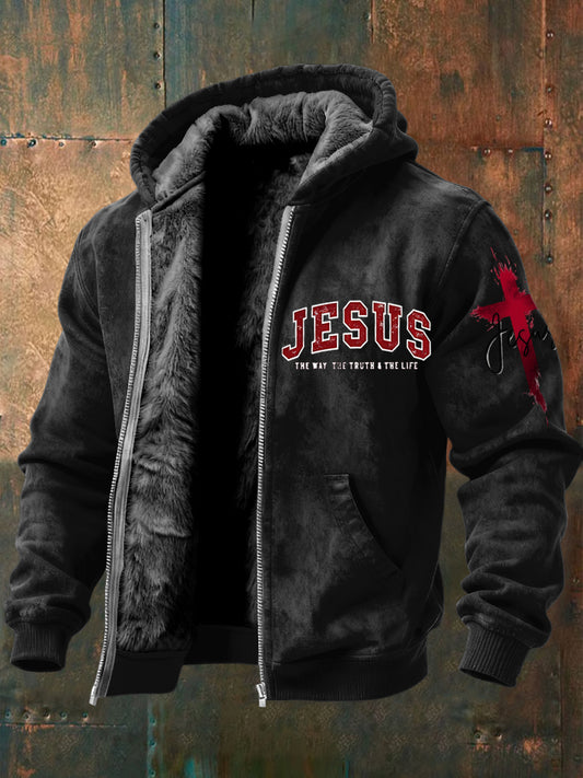 Vintagewashed faith cross fleecelined with hooded zipper jacket
