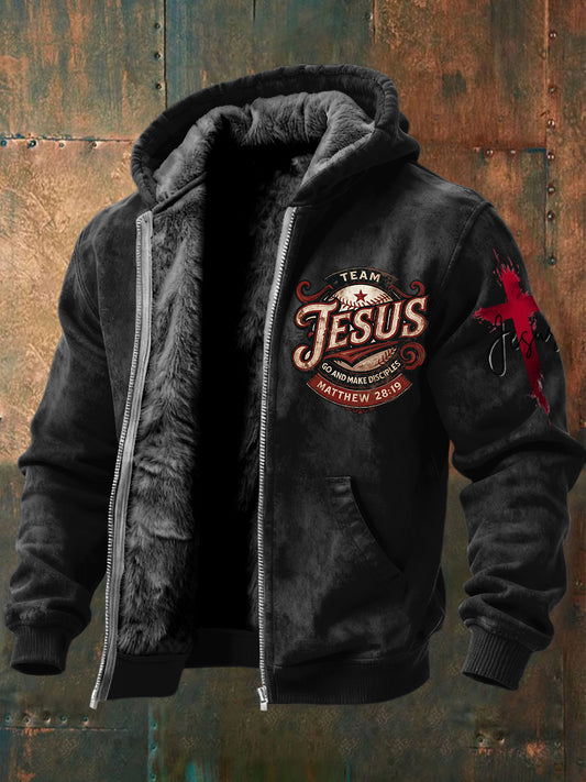 Vintagewashed jesus cross fleecelined with hooded zipper jacket