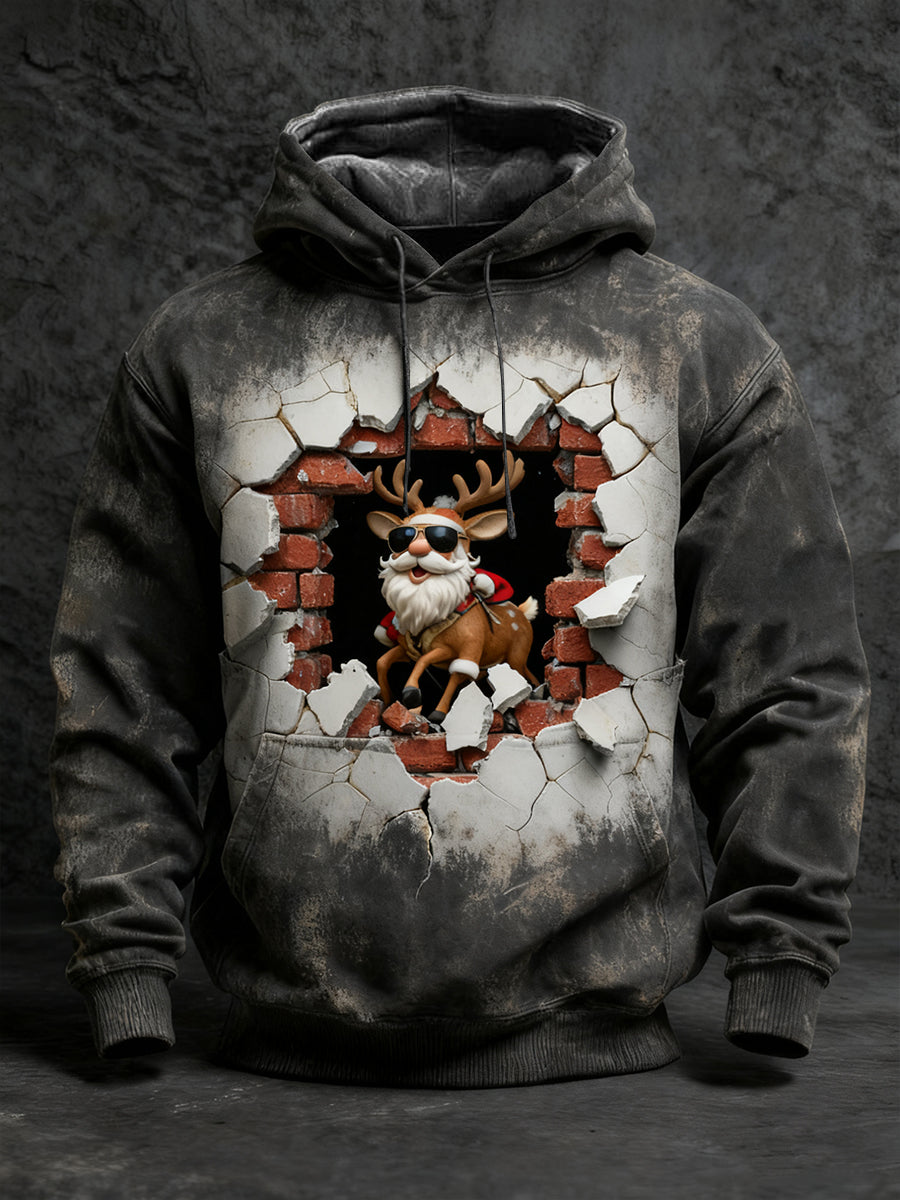 Pánské černé znepokojený santa soby tlačítko hoodie