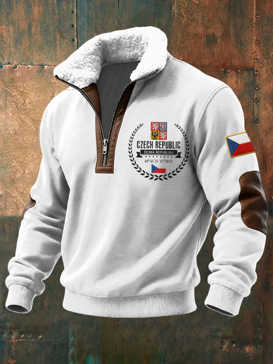 Retro česká vlajka emblém lambswool patchwork zips pulóver