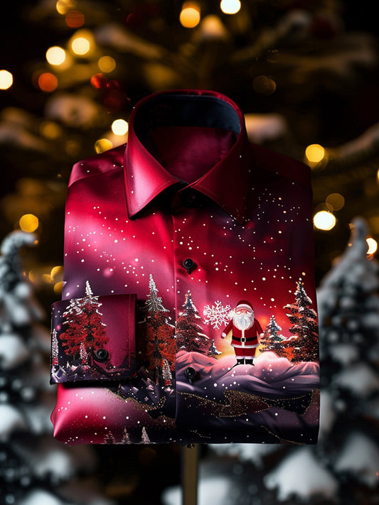 Vintage vánoční santa snow scéna satén s dlouhým rukávem košile