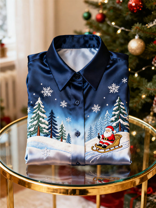 Retro vánoční sníh santa claus satin business shirt