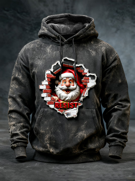 Pánské černé potíže "odolávat" santa tisk hoodie
